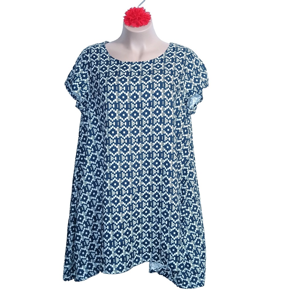 Bryn Walker Linen Winn Geometric Handkerchief Hem Tunic Women Large Blue White